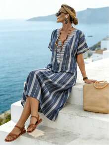 Linhara CURVE Vacation Style Striped Batwing Sleeve Loose Maxi Dress - Navy Blue - View 1