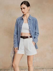 Anewsta Women's Elegant Romantic Fringe Trim Long Sleeve Shirt, Suitable For Parties, Vacations, Casual Wear, Spring/Summer - Blue - View 4