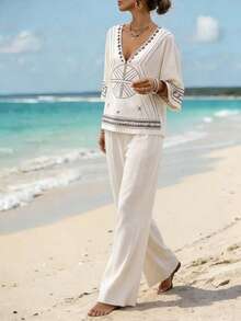 SHEIN Holidaya Áo kiểu Pháp dệt kim, phong cách nghỉ dưỡng, cổ chữ V, in họa tiết, dáng rộng, thích hợp đi biển, áo nữ mới. - Màu be - Xem 5