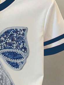 少女闪亮蓝白蝴蝶结图案短袖T恤 - 彩色 - 查看 4