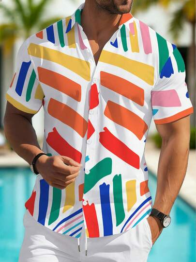 Manfinity RSRT Top de Manga Curta Masculina com Listras Diagonais Coloridas, Top Casual de Verão, Top Versátil para Praia, Adequada como Presente para Namorado, Marido, Família