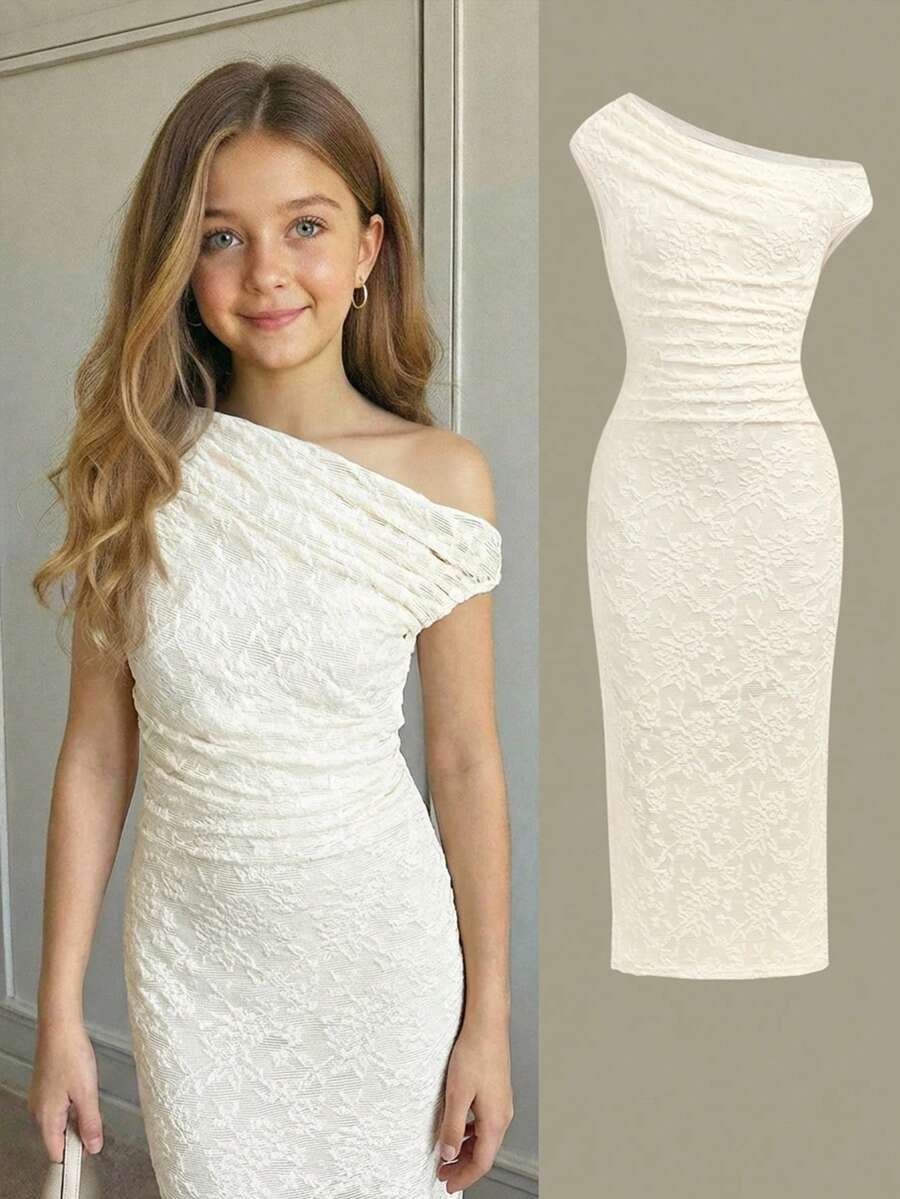 Firerie Kids Tween Girl Casual Elegant Commuter Lace Bustier Dress With Ruched Hem, Beige - Beige - View 1