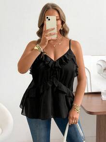 Ceyna Casual Elegant Black Woven Fabric Plus Size Camisole Spaghetti Strap Ruffle Hem Tank Top Party Summer - Black - View 6