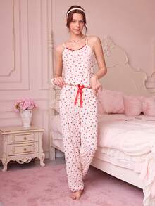 Bonmuse 休闲年轻针织睡衣套装，带心形印花和细肩带，女士心形睡衣套装草莓睡衣套装心形印花睡衣套装红色心形睡衣女士心形睡衣 - 杏色 - 查看 5