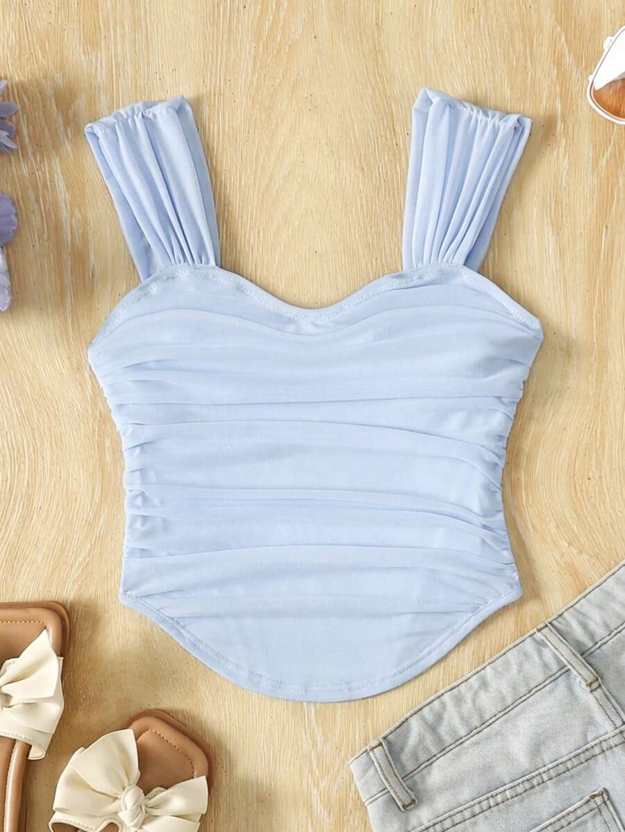Áo thun nữ dễ thương mùa hè cổ tròn xếp nếp trơn dây rộng - Màu xanh nhạt - Xem 1