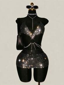 SHEIN DivaQ 女士渔网超短连衣裙，金属链条装饰，性感透视亮片，适合节日派对穿着 - 黑色 - 查看 1