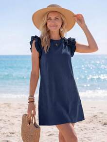 Sylviya Holiday Woven Solid Color Ruffle Decorated Mini Dress With Integrated Strap For Women - Navy Blue - View 5
