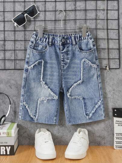 SHEIN Boys' Retro American Denim Shorts, Summer/Spring New Arrival, Distressed Star Patchwork Loose Straight Leg Casual Shorts, Soft Cotton Fabric, Suitable For Holiday, Daily Wear, School, Commute, Party, Home, Festivals