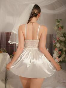 DelicateAllure Women's White Lace Bow Decor Sexy Dress, Pleated Design Innocent Girl Comfortable Nightgown Bride Getting Ready Outfit Bridal Getting Ready Outfit Bride Robe Set Bridal Robe Set Lingerie For Women Nighty - White - View 2