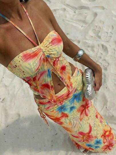 Aloruh New Vacation Western Beach Wedding Guest Dress, Graduation Brunch, St. Patrick's Day, Spring Break, Easter, Music Festival, Elegant Boho Tropical Floral Print Strapless Ruffle Two Pieces Set, Sexy Floral Print Outfit Dress, Cruise Evening Gown, Goddess Dress, Birthday Party Dress