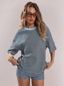 SHEIN BAE Women's Striped Casual Versatile Daily Wear Shorts - Blue - View 6