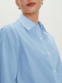 BizChic Women's Classic Regular Shoulder Business Style Button-Down Long Sleeve Shirt, Suitable For Urban Commute - Blue - View 8