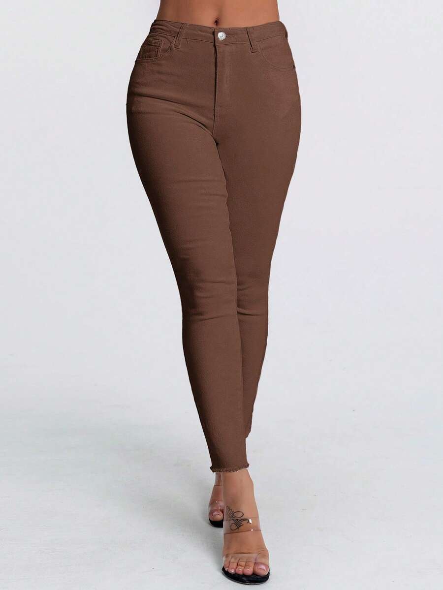 EMERY ROSE Quần jeans nữ cỡ lớn cạp cao ôm sát, kiểu dáng thường ngày, đa năng. - Cà phê nâu - Xem 1