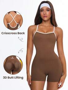 Eassivo Women's Seamless High Elasticity Aerobic Yoga Fitness Criss-Cross U-Back Jumpsuit - Coffee Brown - View 6