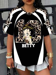 Betty Boop x SHEIN Plus Size Summer Casual Patchwork Leopard Print Cartoon Pattern Round Neck Short Sleeve T-Shirt - White - View 1