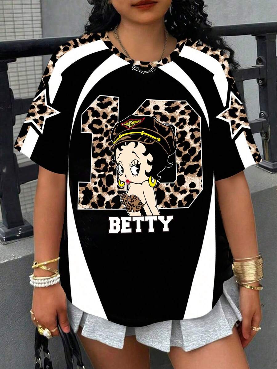 Betty Boop x SHEIN Plus Size Summer Casual Patchwork Leopard Print Cartoon Pattern Round Neck Short Sleeve T-Shirt - White - View 1