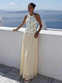 Aloruh 杏色露背吊带背心+长款分层网眼裙，女士浪漫约会度假装 - 杏色 - 查看 3