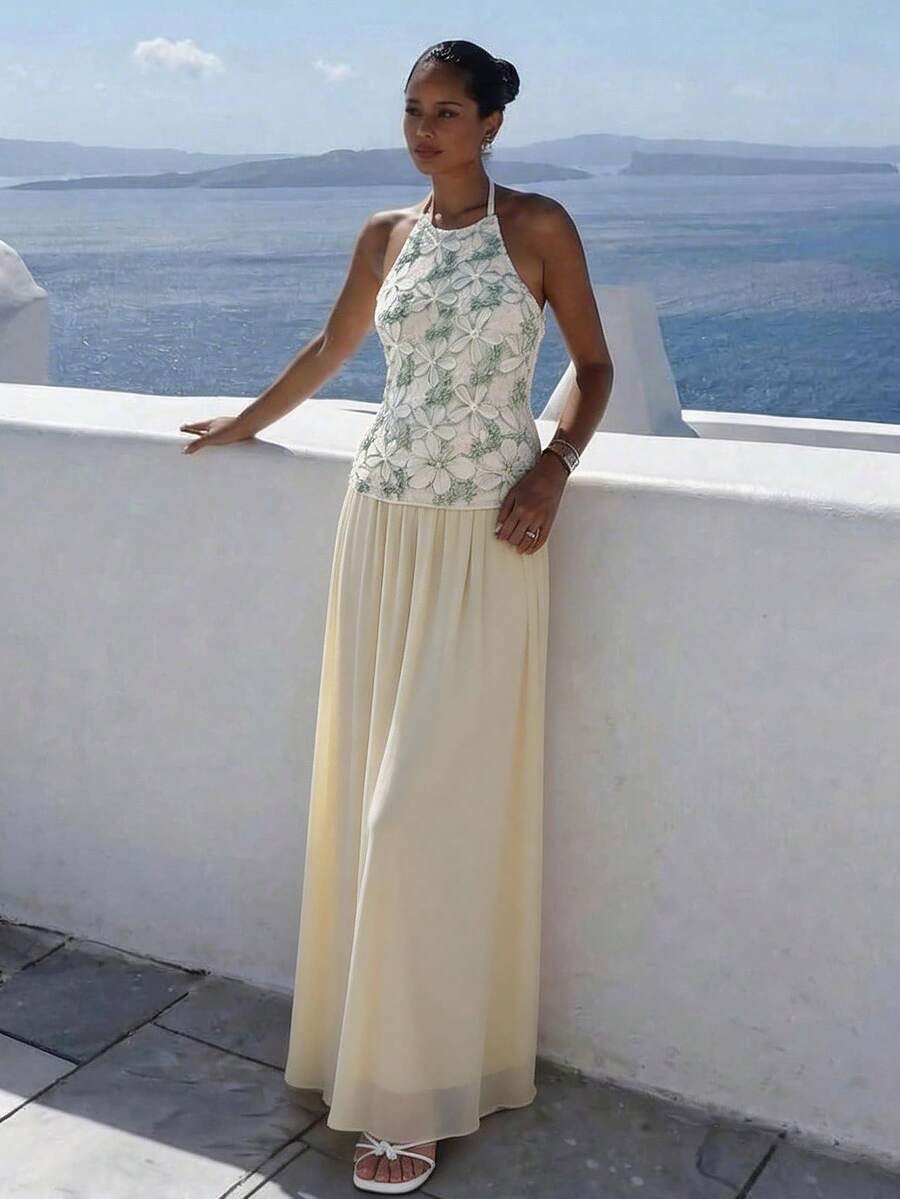 Aloruh 杏色露背吊带背心+长款分层网眼裙，女士浪漫约会度假装