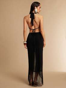 Silquee 女士时尚性感流苏装饰露背吊带连衣裙 - 黑色 - 查看 2