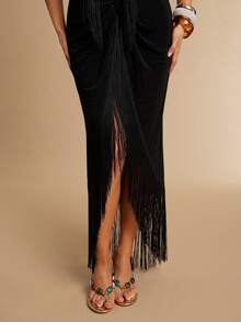 Silquee 女士时尚性感流苏装饰露背吊带连衣裙 - 黑色 - 查看 10