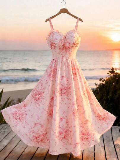 GlowEve Women's Floral Print Twist Design Elegant Waist Cinched Long Party Dress