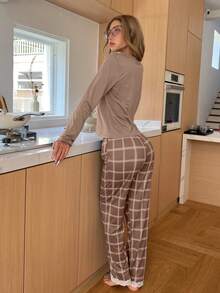 ZzzCrew 格纹印花 V 领撞色蕾丝边长袖长裤女士睡衣套装 - 摩卡棕 - 查看 2