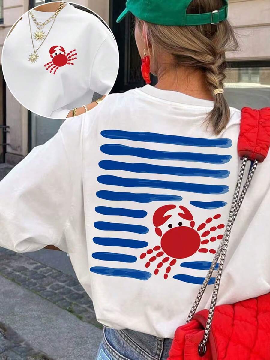 Sundraya Women's Crab Print Short Sleeve Casual Round Neck T-Shirt - White - View 1