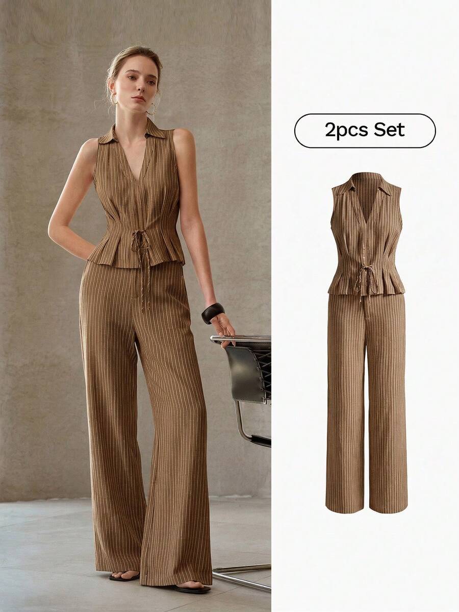 MOTF PREMIUM STRIPED PRINT PEPLUM TANK TOP & SLANT POCKET PANTS SET - Coffee Brown - View 1