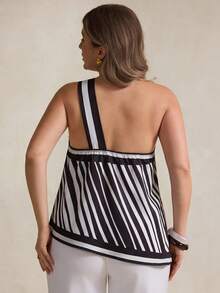 Elegantrix Blusa Assimétrica Pregueada com Contas e Estampa Preta e Branca para Mulheres Plus Size, Adequada para Passeios e Férias na Primavera/Verão - Preto e Branco - Visão 2