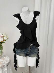 Sweetra Black V-Neck Asymmetric Ruffle Hem Camisole Top, Chic Fashion Versatile Summer Wear - Black - View 4