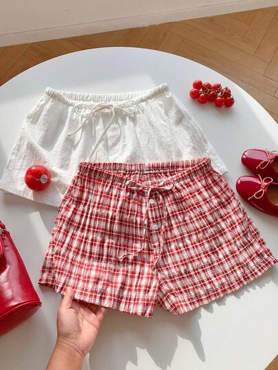  Comfortcana 2pcs Women Linen Striped Shorts Plaid Cotton Combination Shorts, Summer Outfits For Women