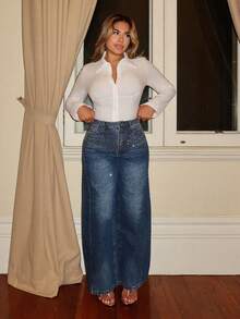 Maria Perezxox 蓝色喇叭裤，适合秋冬、圣诞节、新年，优雅、奢华、别致、休闲 - 深色水洗藍 - 查看 1