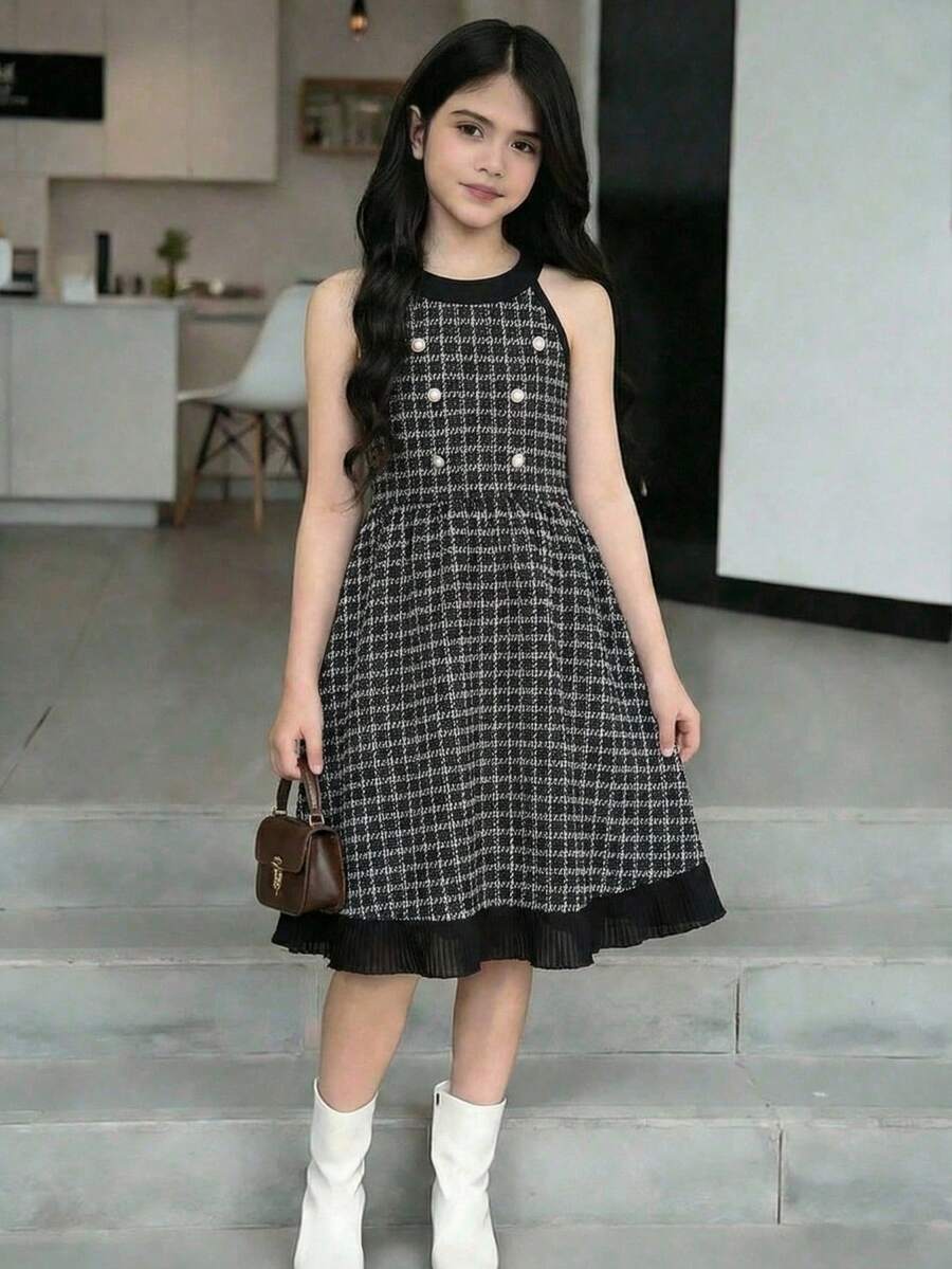 Elladie kids 这款少女连衣裙采用法式格纹面料，露背设计，黑色滚边，仿珍珠纽扣点缀，收腰设计，褶裥下摆，修身优雅，适合生日派对、钢琴演奏会、家庭聚会、节日庆典、正式和休闲场合。 - 黑色 - 查看 1