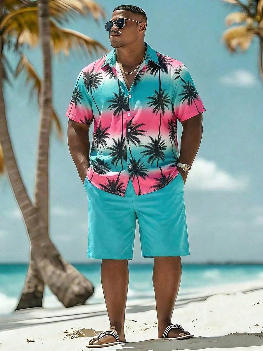 Manfinity Swimmode 男士加大码棕榈树印花短袖衬衫和短裤沙滩套装 - 彩色 - 查看 1