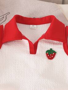 SHEIN Playful Pals 2pcs/Set Toddler Girls' Summer Outfit,Sleeveless Polo Neck Top & Embroidered Strawberry Denim Skirt,Matching Clothes For School,Family Vacation - Apricot - View 5