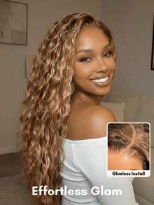 ALL READY WIG 13x4 Pre Everything Bye Bye Slip Lace Frontal Pre Cut Pre Plucked Pre Bleached Bronde Golden Mixed Color With Honey Blonde Highlights Water Wave Drawstring Wig Effortless Transparent Lace 100% Human Hair - S4/27 - View 3