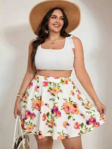 SHEIN Tall CURVE 大码女式夏季波西米亚风印花短裙，带口袋，适合度假 - 杏色 - 查看 3