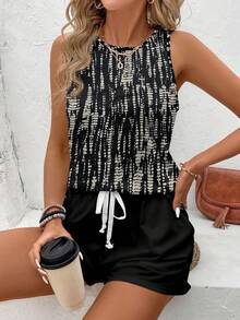 SHEIN LUNE Women's Casual Round Neck Retro Printed Striped Contrast Color Pattern Tank Top And Shorts 2-Piece Set, Suitable For Summer, Outing, Street, Work Commute, Party, Chic - Multicolor - View 3