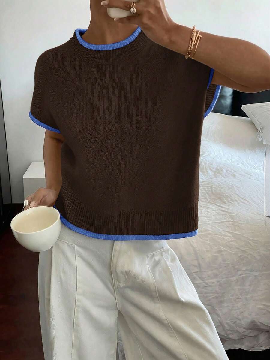 Siren Gaze Blusa de punto casual de cuello redondo y manga corta con contraste de color para mujer - Marrón - Ver 1