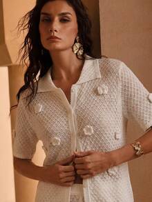 Swim Chiccia New Knitted French Romantic Crochet Texture Short Sleeve Top + Shorts Women Coverup Set - White - View 5
