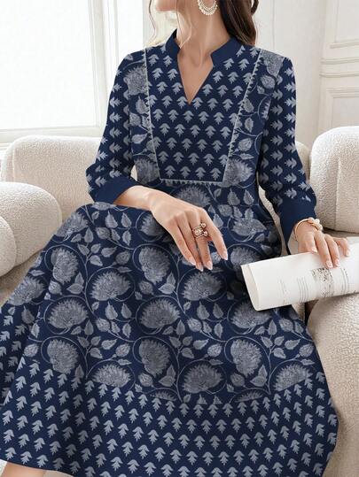 SHEIN Najma Vestido largo con cuello en V, manga larga y estampado floral menudo, con abertura lateral, atuendo elegante de estilo árabe para primavera y verano