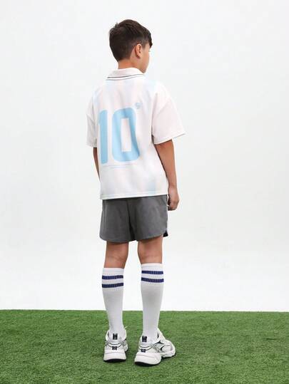SUMWON Argentina Inspired Blue White Striped Polo Shirt Set Soccer Player Number 10 And Matching Dark Shorts For Boys