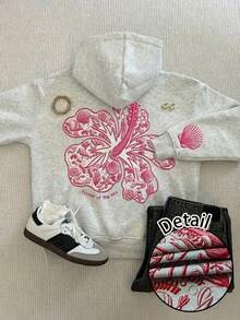 SHEIN EZwear 女士休闲连帽卫衣，浅灰色卫衣，芙蓉花印花，女士沙滩卫衣，海洋元素印花 - 淺灰色 - 查看 7