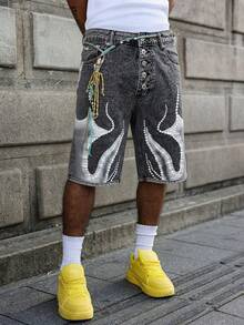 Manfinity EMRG Men's Button Front Pocket Loose Casual Denim Capri Pants - Dark Grey - View 4