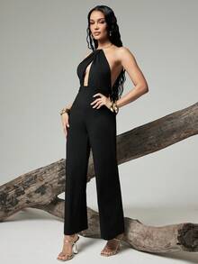 Hauture 纯色针织金属饰边露背吊带阔腿连体裤 - 黑色 - 查看 5