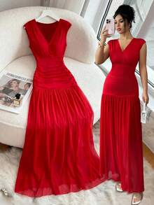Elenzga Women's Red Summer Elegant Party V-Neck Sleeveless Dress,Side Elastic Ruched Waist Splice Mesh Hem,Sophisticated Formal Occasions Birthday Outfit - Fiery Red - View 7
