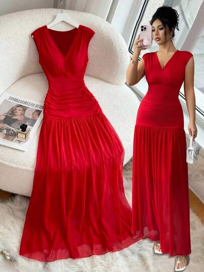 Elenzga Vestido sin mangas con cuello en V, cintura elástica fruncida, bajo de malla, elegante y sofisticado para el Día de San Valentín, Pascua, Día del Trabajo, cumpleaños, citas, fiestas, ocasiones formales, atuendo de maestra, viajes, primavera/verano