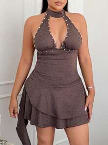 Maria Perezxox 性感复古极简V领荷叶边下摆收腰连衣裙 - 咖啡 - 查看 6