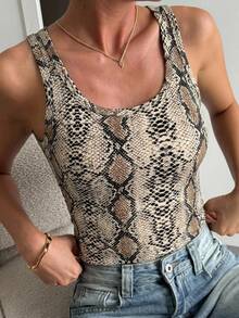 DAZY Women's Snake Skin Print Fitted Fashionable Versatile Camisole - Brown - View 3