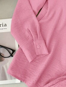 SHEIN EZwear Women's Knight Print Single-Breasted Long Sleeve Top And Wide-Leg Pants Casual Suit - Pink - View 7